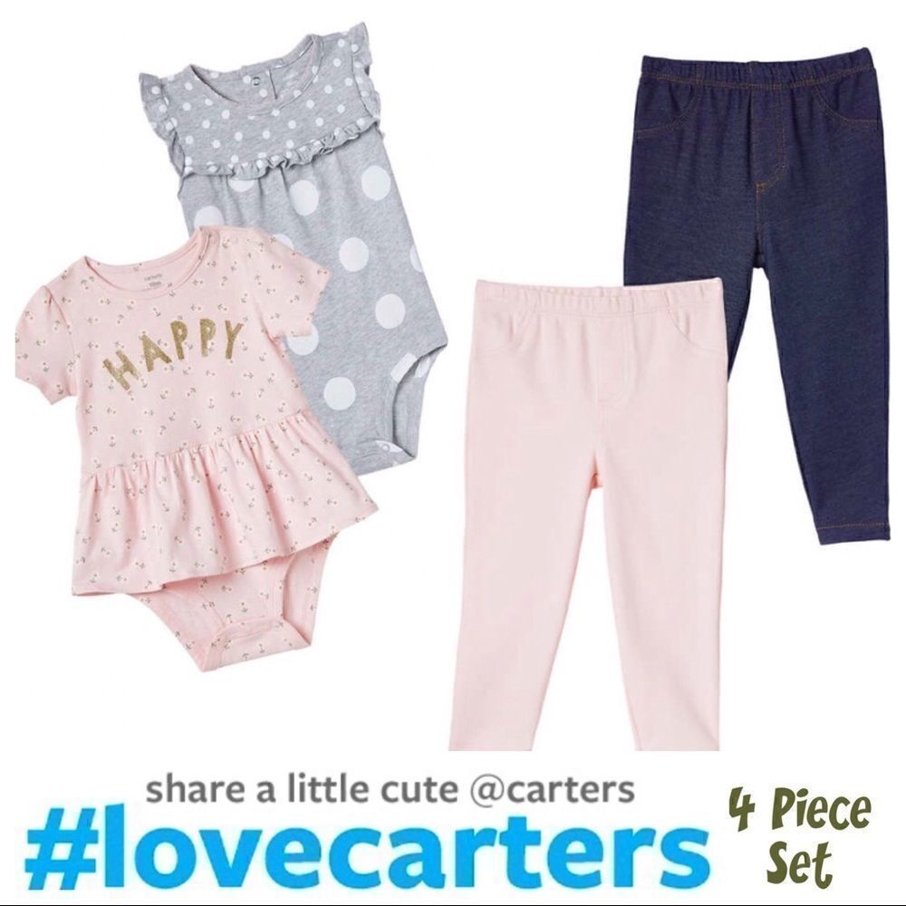 NEW! CARTER’S Girls 4 Pc Happy Peplum Bodysuit Pant Set- Pink, Grey & Blue Denim
